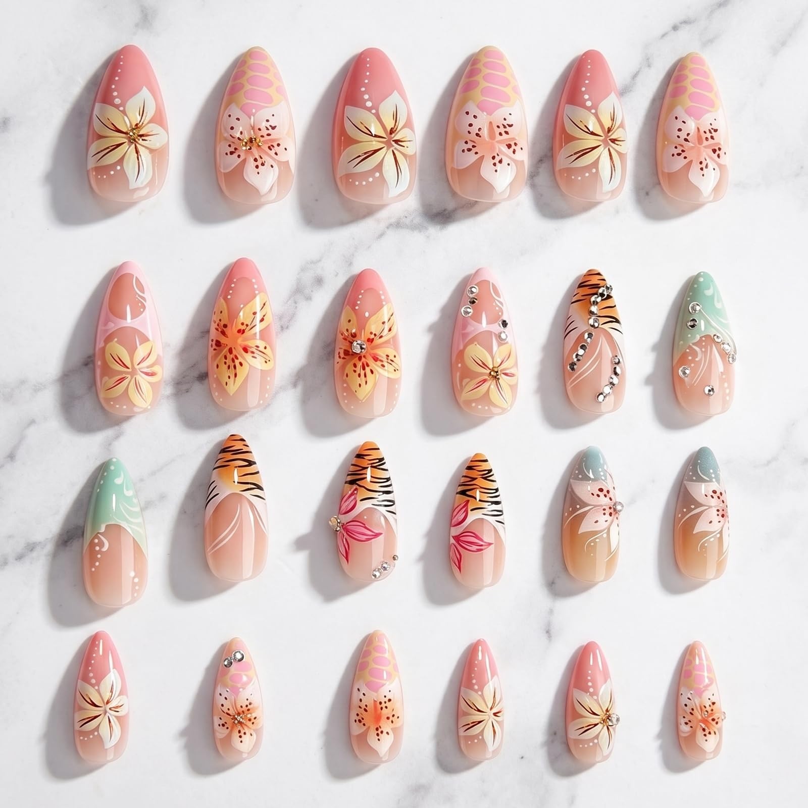 24Pcs Long Press on Nails Almond – Elegant French Tip Fake Nails with Hawaii …