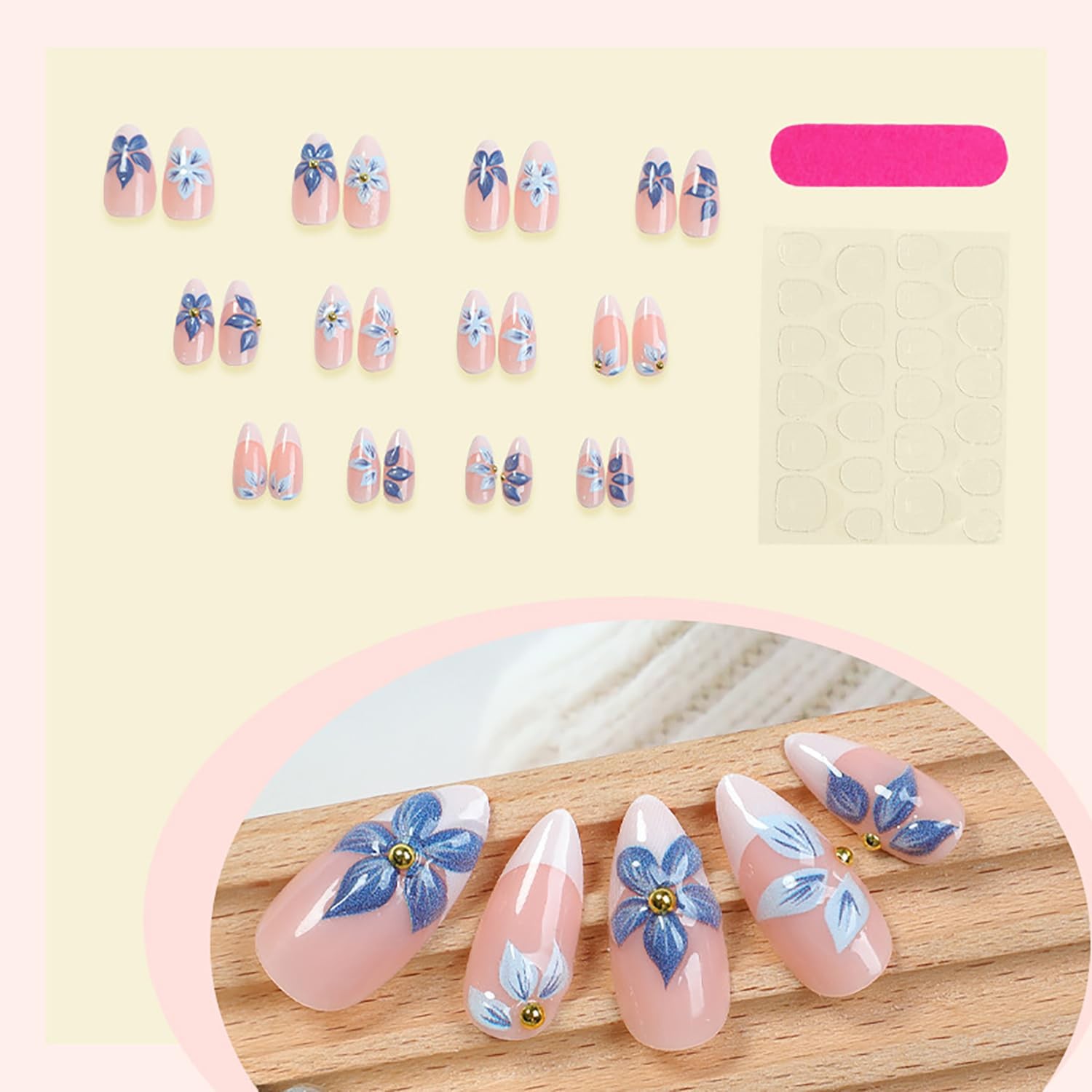 Spring Blue Flower Press On Nails Medium Almond Fake Nails French Tip False N…