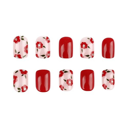 Red Press on Nails Short Square Fake 1 Fl Oz (Pack of 1) Square Flower-red
