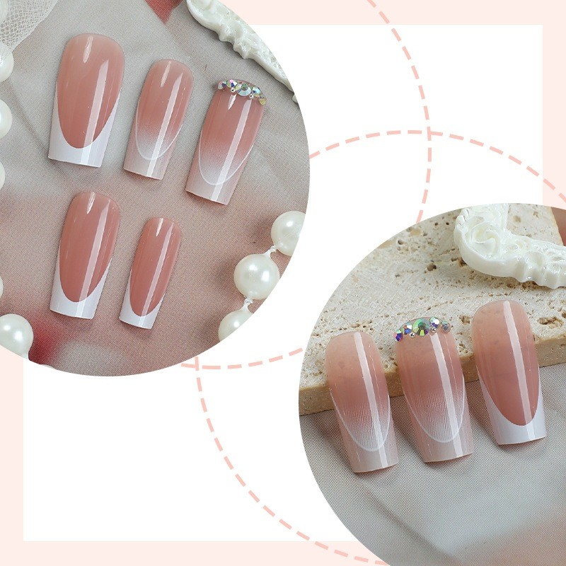 48pcs Short Square Press on Nails, Nude White French Tiny Rhinestone Daily Nails