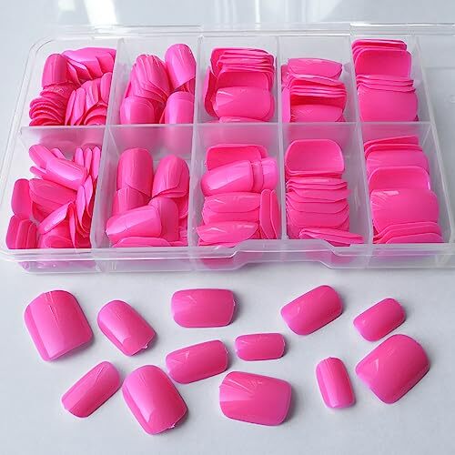 240pcs Short Press on Nails Full Cover Short Square Fake Nails Glossy Hot Pink