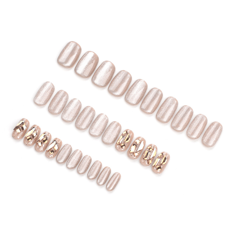 60Pcs-Medium Coffin Nude Shimmer Gold Foil Rhinestone Press on Nails Set