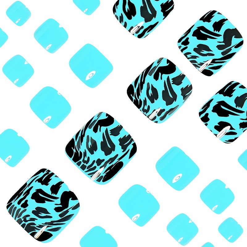 48pcs-Bright Blue Leopard Print Fake Toenails, Glossy Short Square Press on Tips