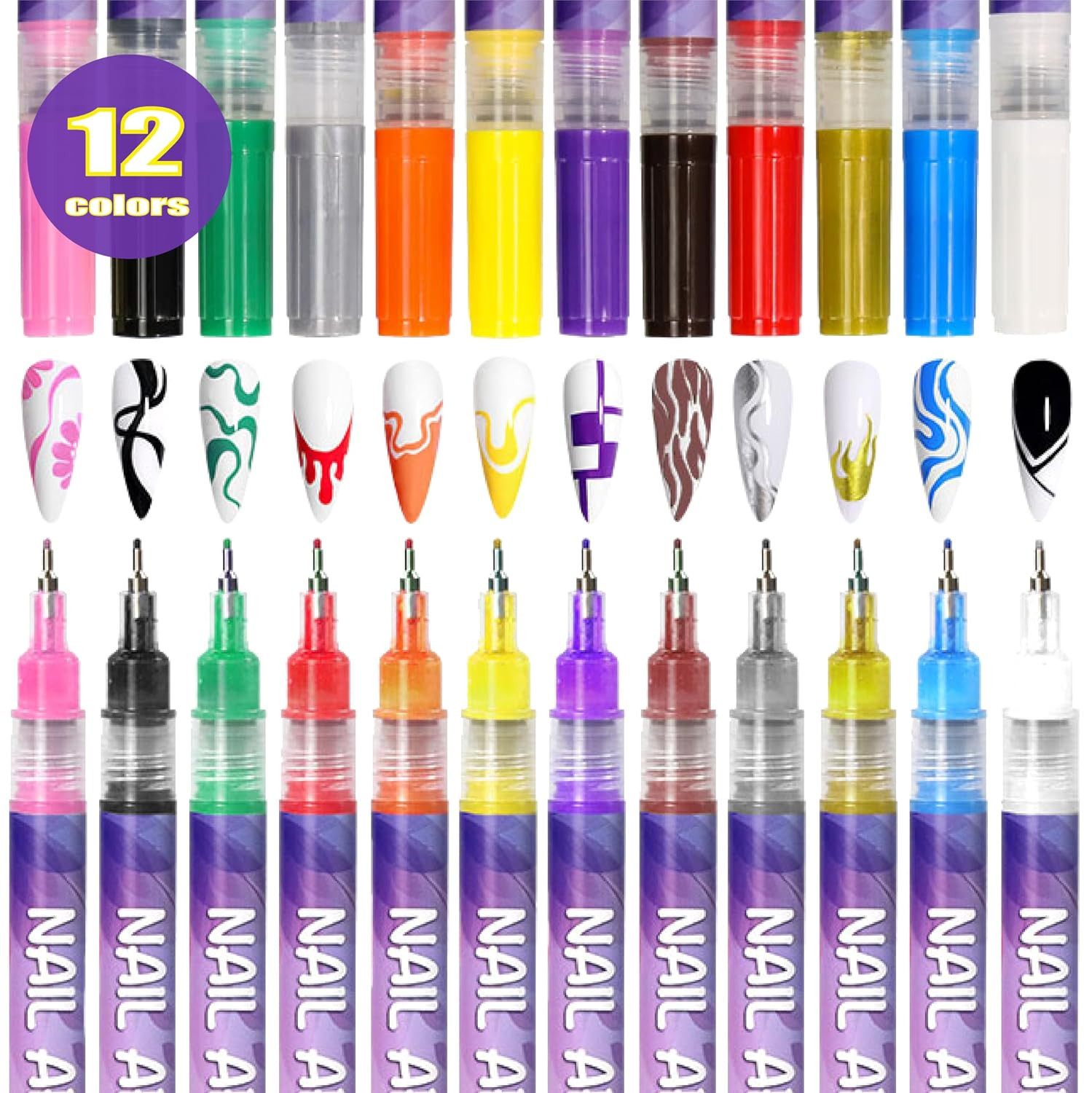 12 Colors Nail Art Pens Set, 3D Nail Polish Pens, Nail Art Markers for Gel Nails