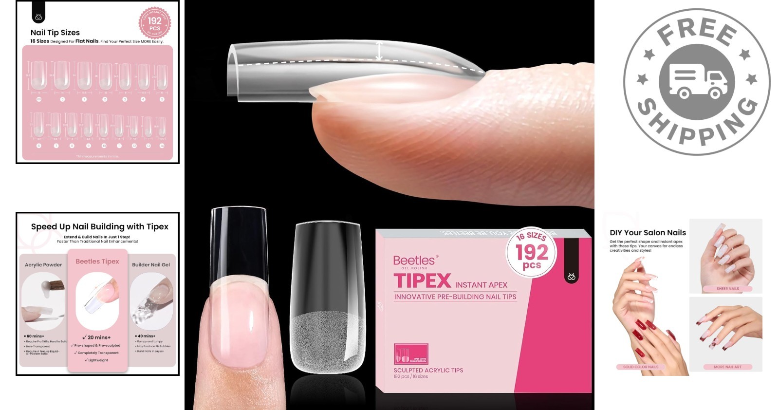 Salon-Quality 192 Pcs Thick Acrylic Tips – Tipex Medium Square with Matte Finish