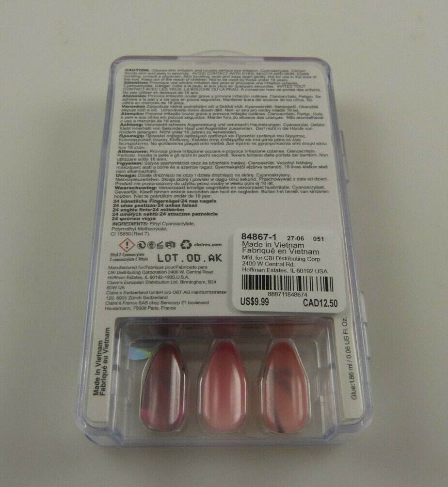 Claire’s faux nails summer palm trees pink black blue glue elegant fun