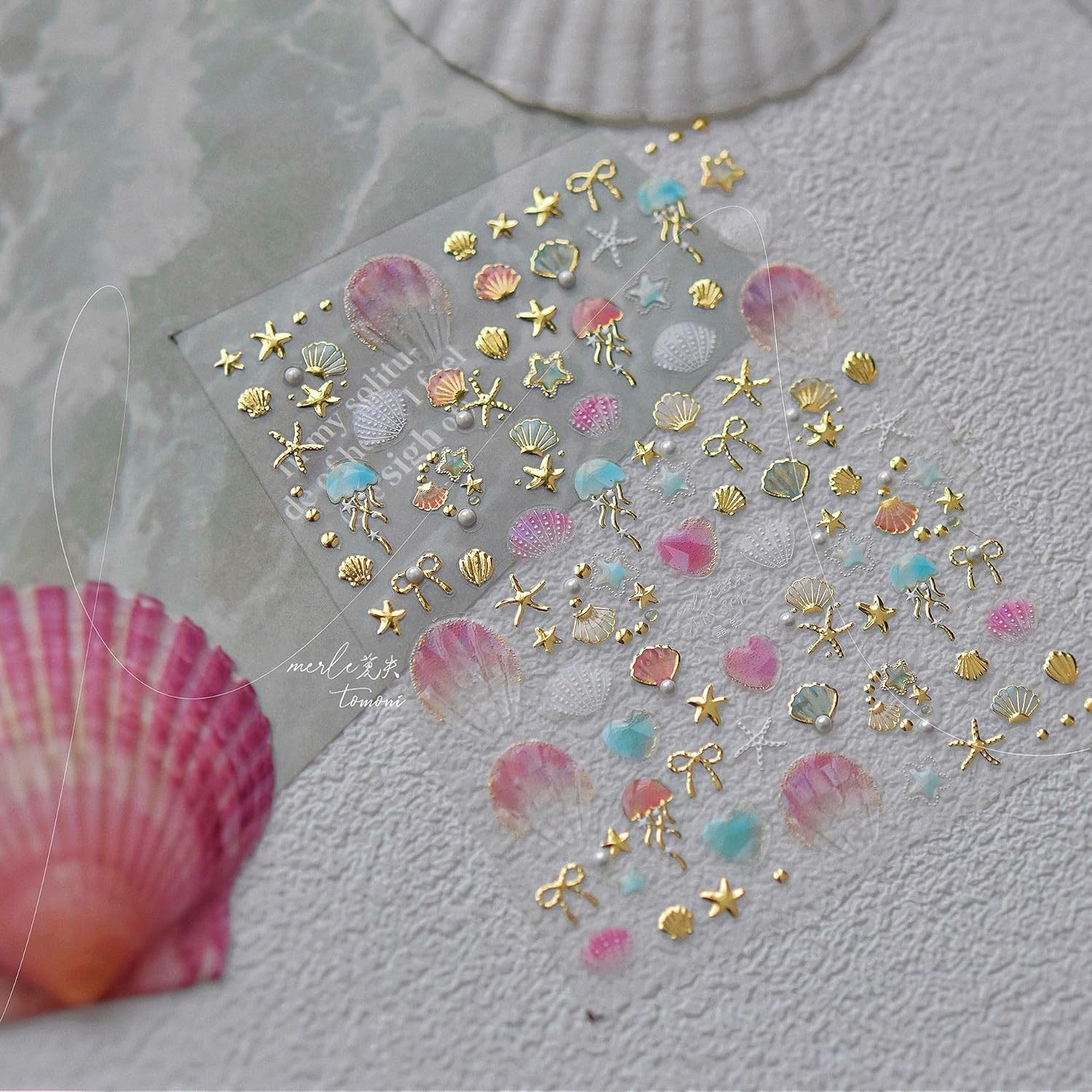 Laser Pearl Seashell Nail Stickers 5D Embossed Gold Ocean Nail Decals Self-Adhes