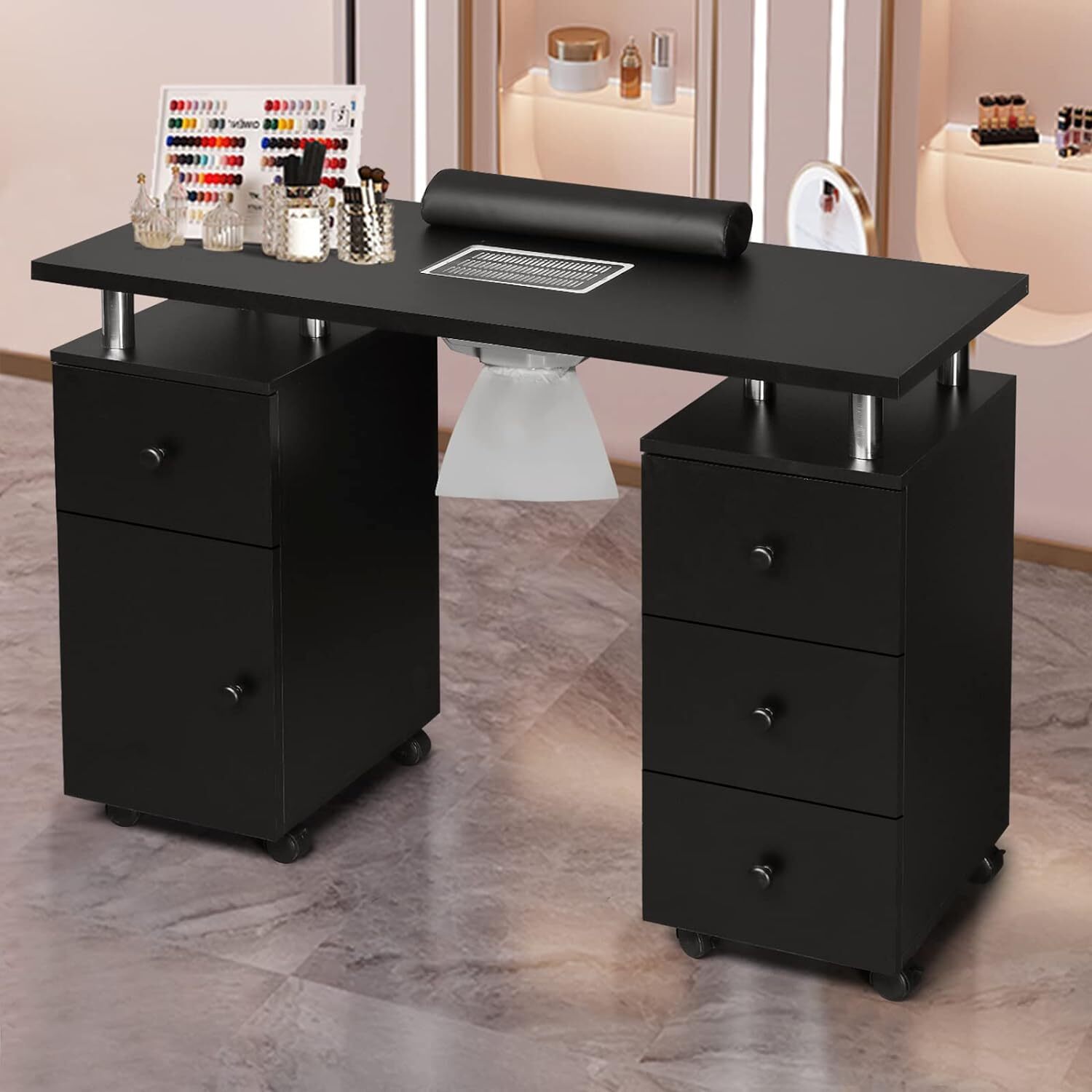 Manicure Table Nail Desk for Nail Tech w/Dust Collector, Storage Drawers, Wheels
