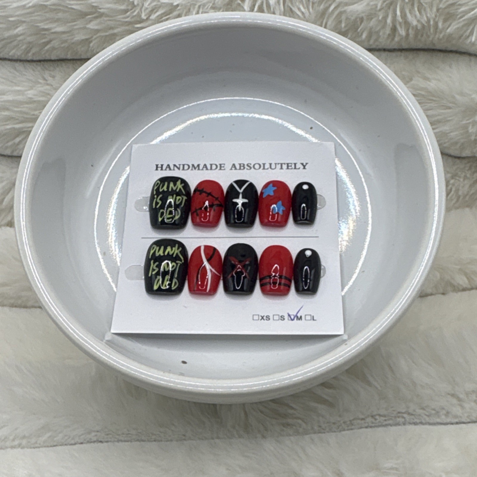 Short Square Press-On Nails Black Red Punk 3D Medium Size