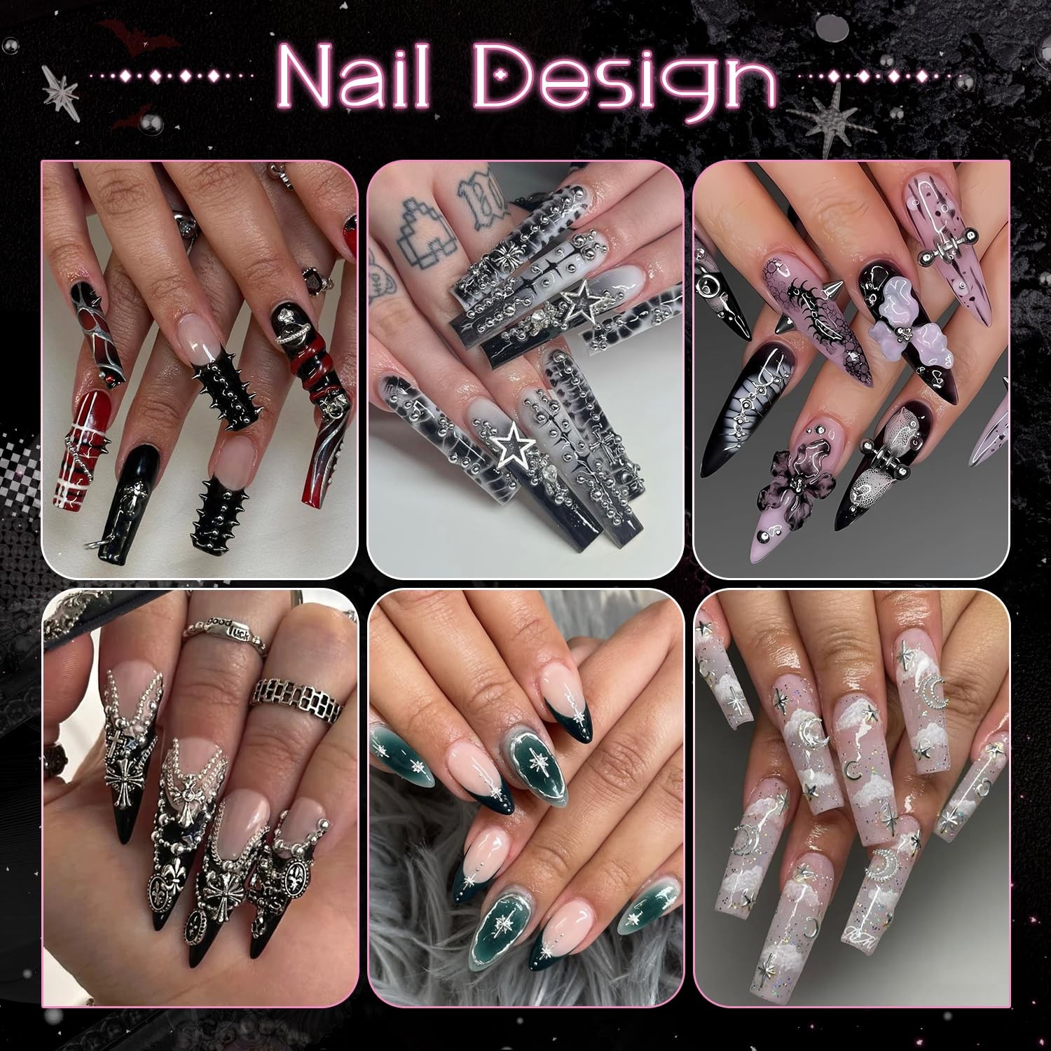 3D Mini Punk Nail Studs Cone Spike Alloy Rivets Black+Silver, Silver Flatback…