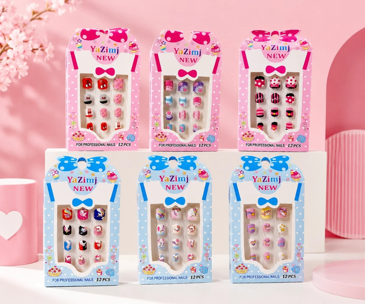 12PCS Kids Press On Nails Fake False Nail Art Set Glue Free Reusable for Girls