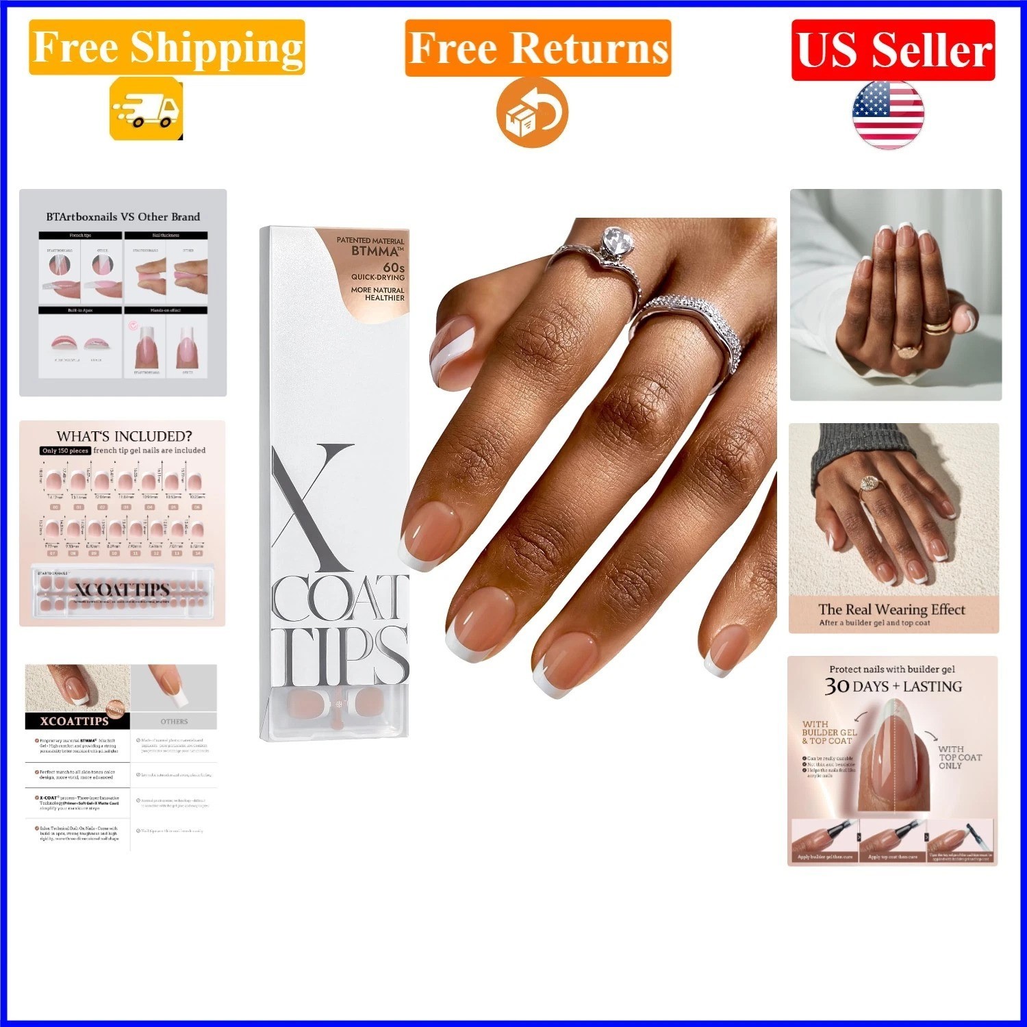 XCOATTIPS Brown Extra Short Square French Gel Tips, 150 pcs