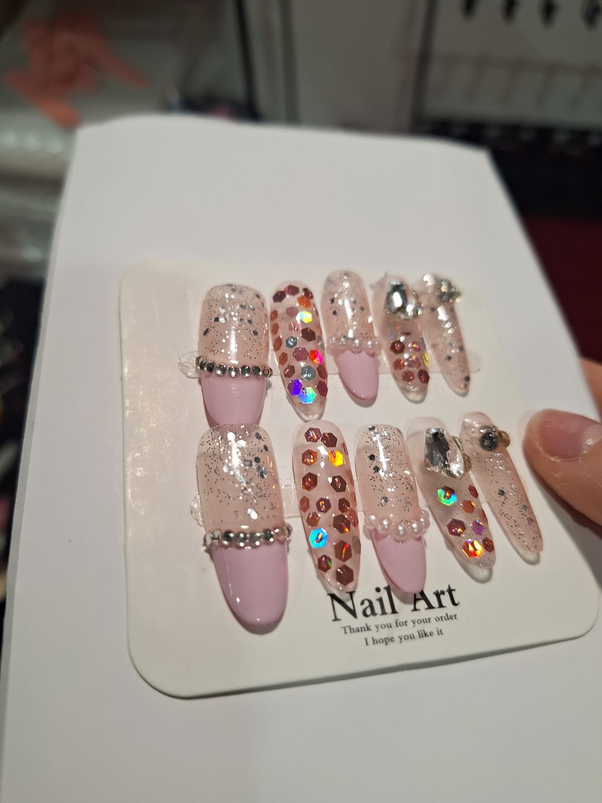 Small Press On Nails Pink Silver Multicolor Square 3D Glitter Sparkle Full Cover