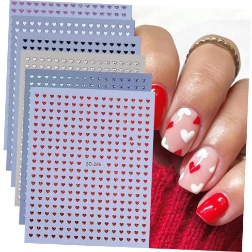 6 Sheets Heart Nail Art Stickers Decals Black White Red Laser Silver Heart-7