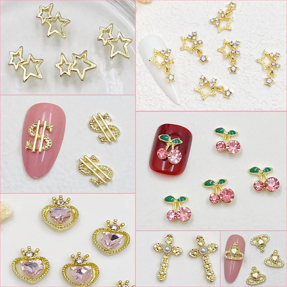 106 PCS Gold Nail Charms 3D Nail Art Charms Cherry Butterfly Cross Bow Star Hear
