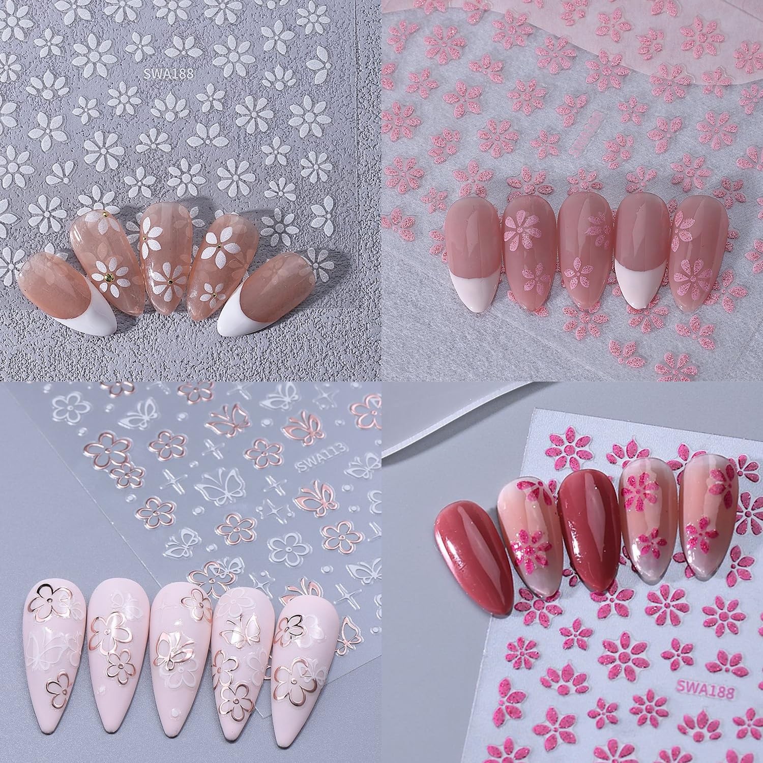 4 Sheets Flower Nail Stickers Spring Summer Floral Nail Decals 3D -Adhesive B…