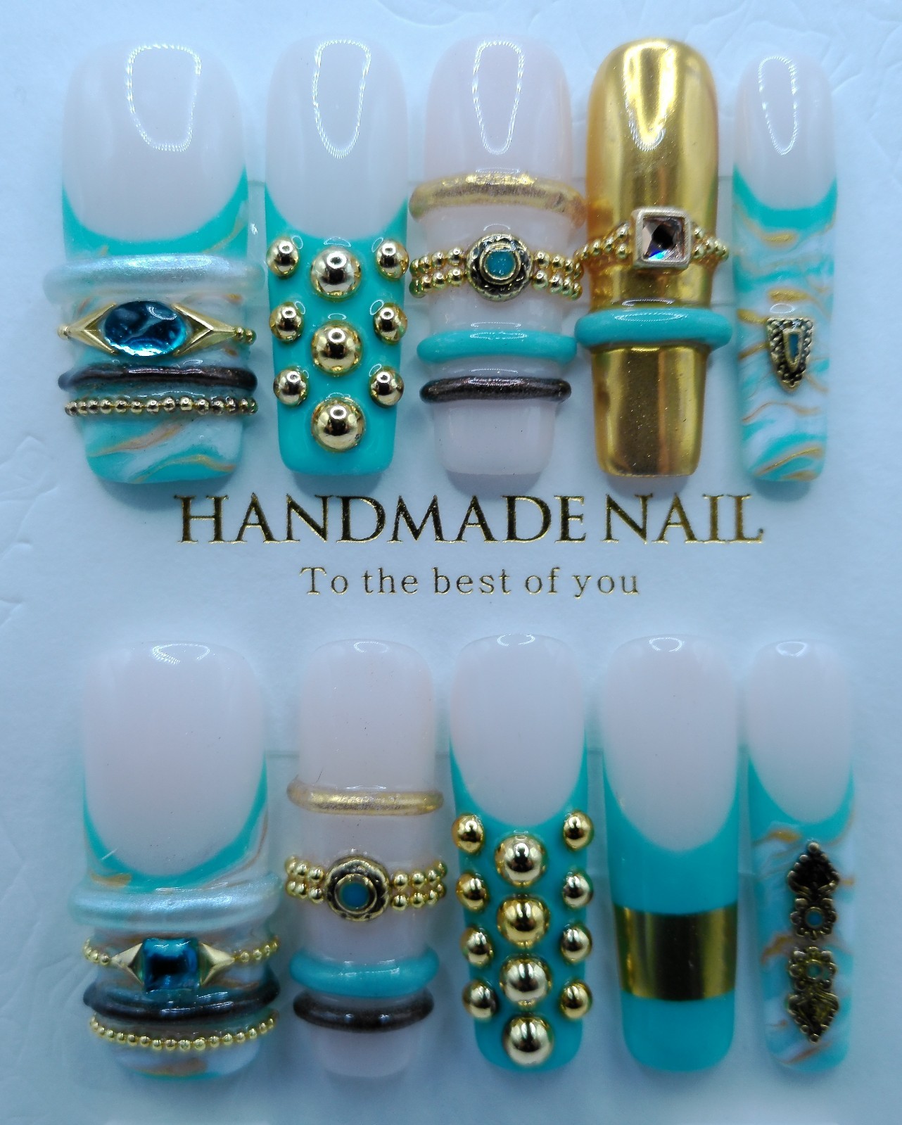 Medium Square Bangle White and Turquoise Square Press-on Nails – Medium Size