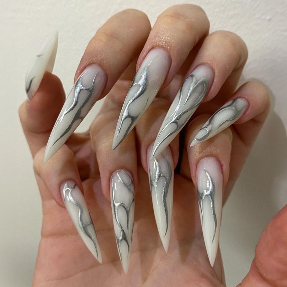 Steampunk Nail Art Pieces Metallic Silver Scale Design for Long Stiletto Nails