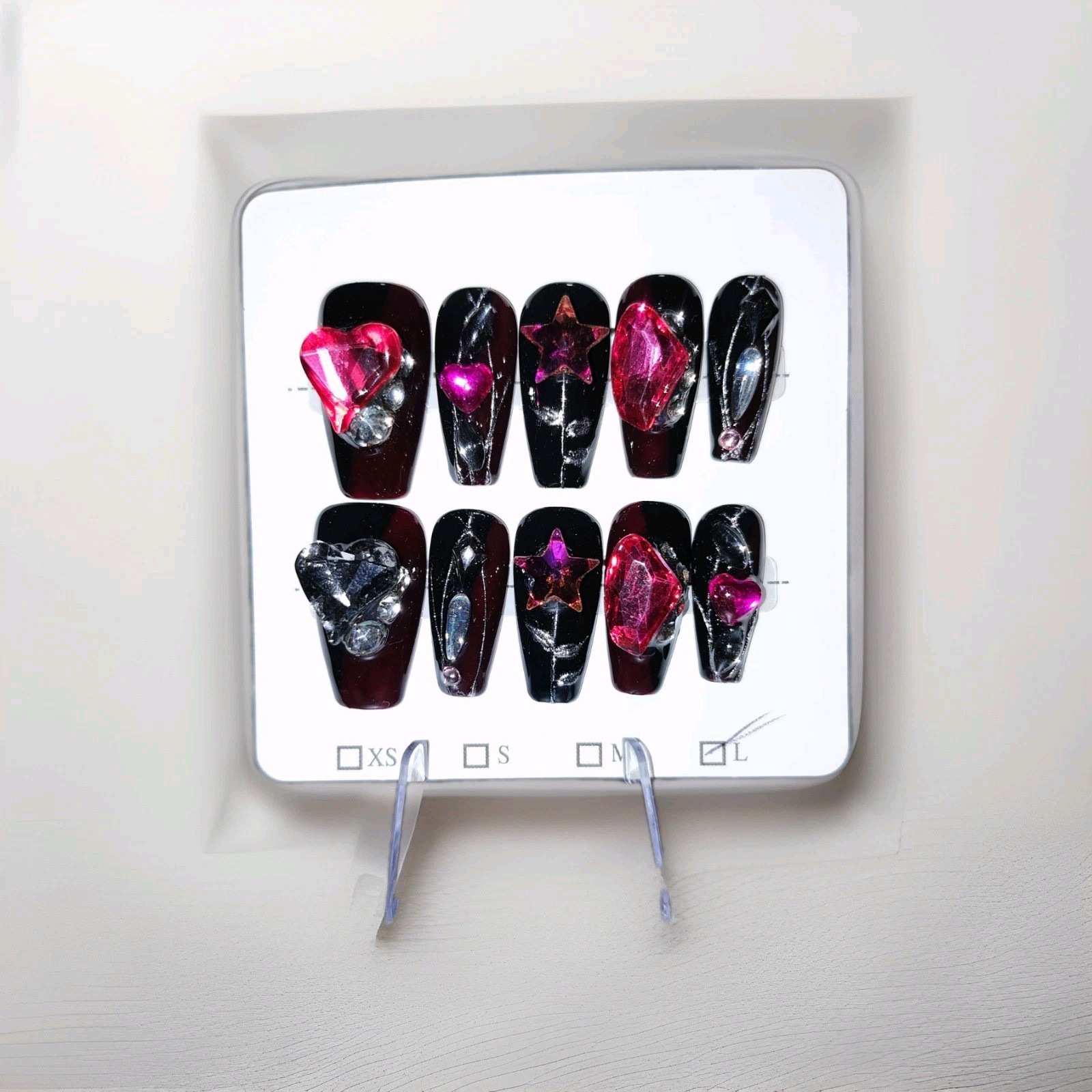 Black Pink Red Silver 3D Heart Star Gem Long Square Press-On Nails Full Cover