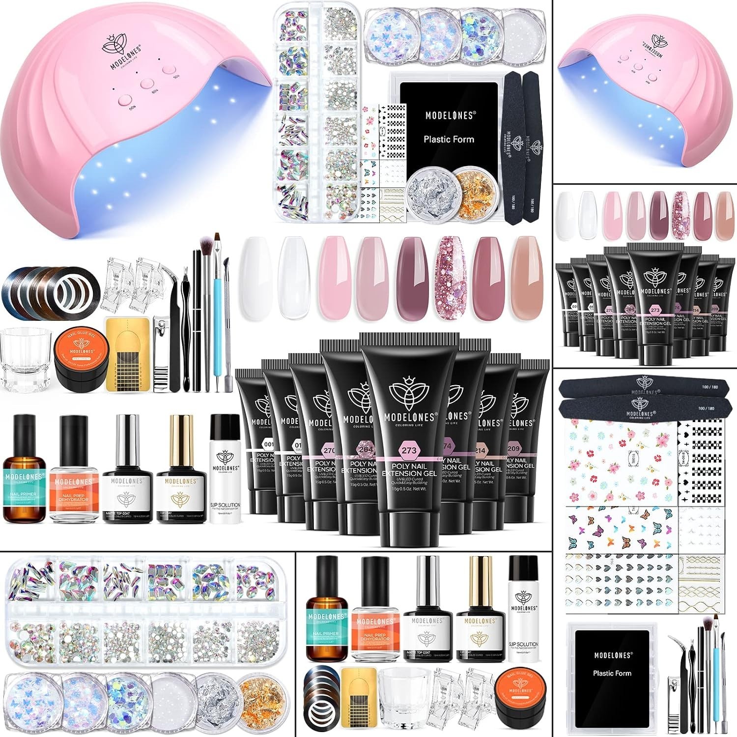 Poly Nail Gel Kit 8 Colors Rosy Pink + 48W Lamp
