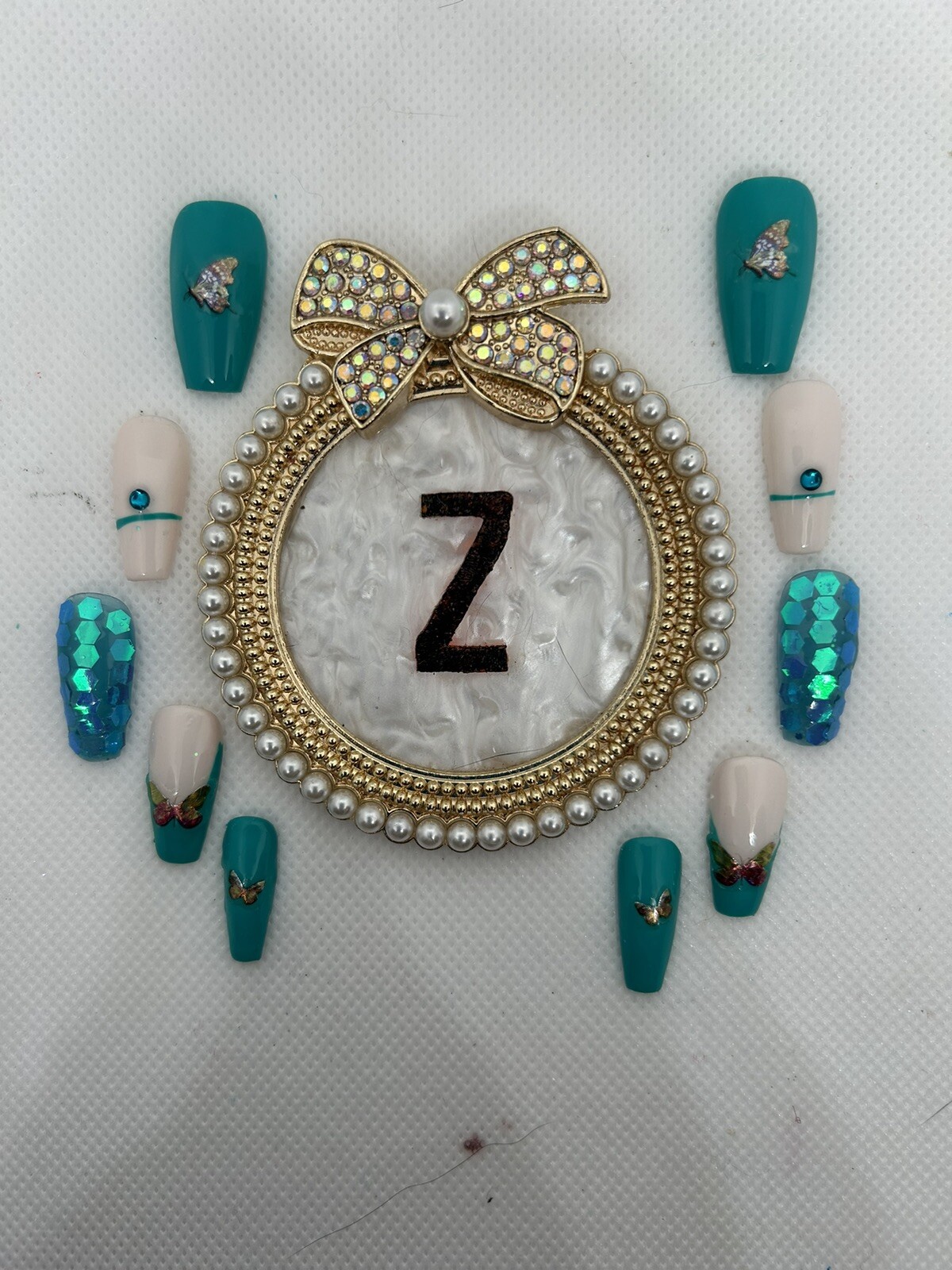 Z NAILZ! Handmade M Coffin Turquoise & White W/Sequins Press On Nails