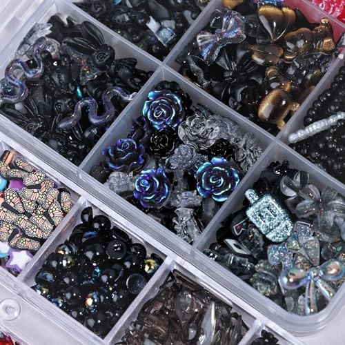 1400 Pieces 3D Butterfly Rose Flower Bow Rabbit Bear Nail Charms Kit Black Red