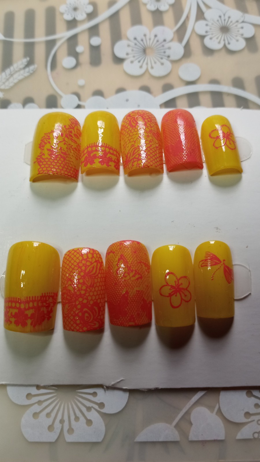 Yellow & Orange Shiny Short Square Press-On Nails Full Cover Pre-Designed Floral