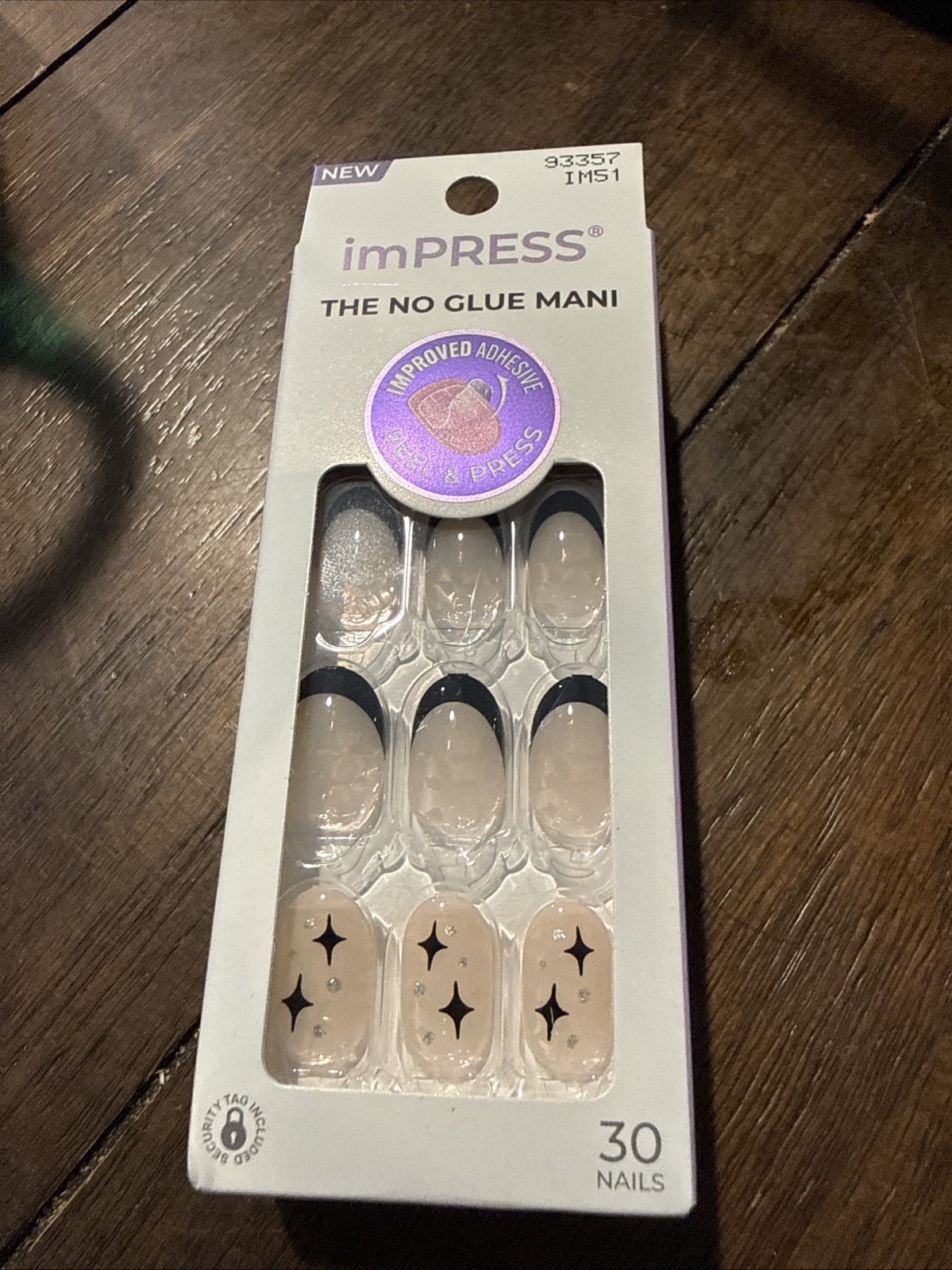imPRESS French Tip Press On Nails, ‘Gold Ring’, Black, Short Oval, French