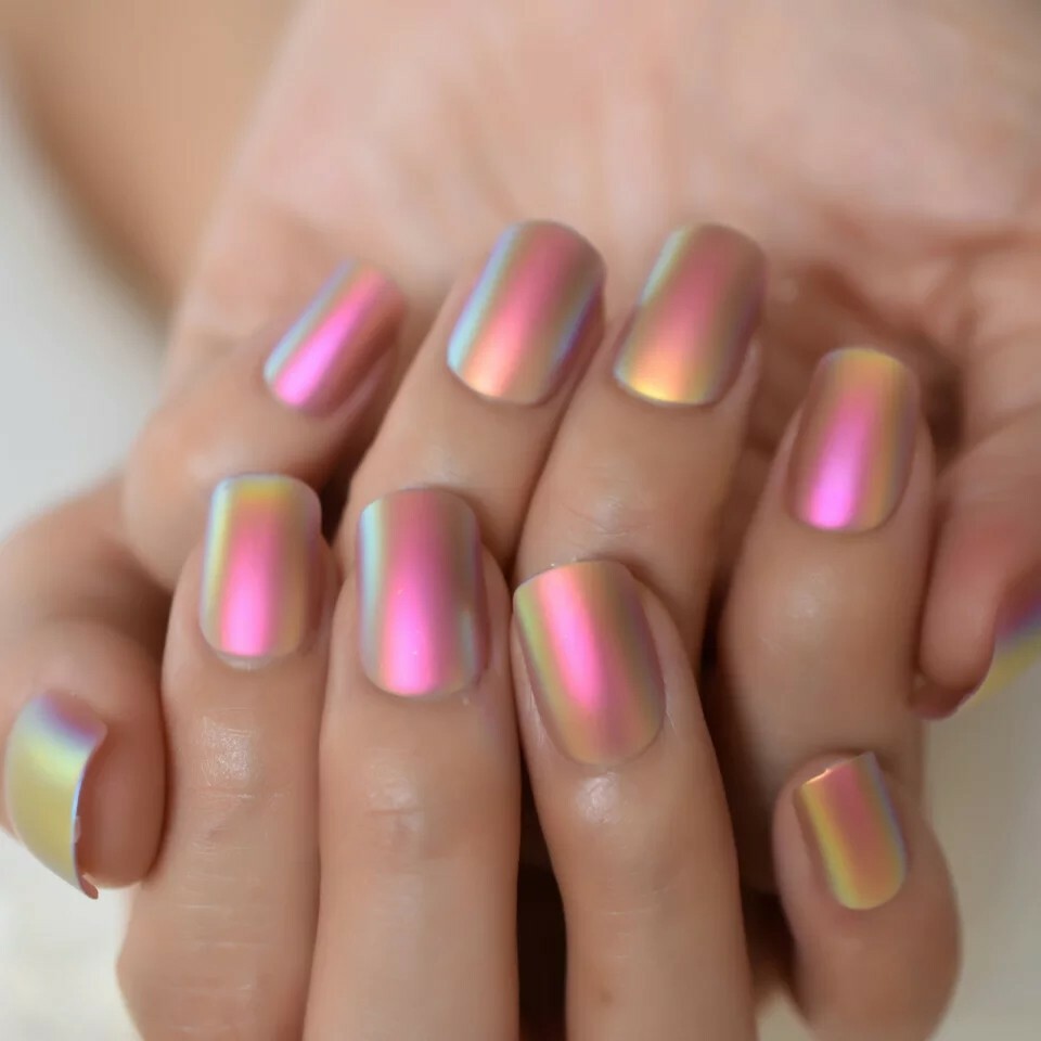 Holographic Press on Nails Sunset Rust Matte Metallic with glue