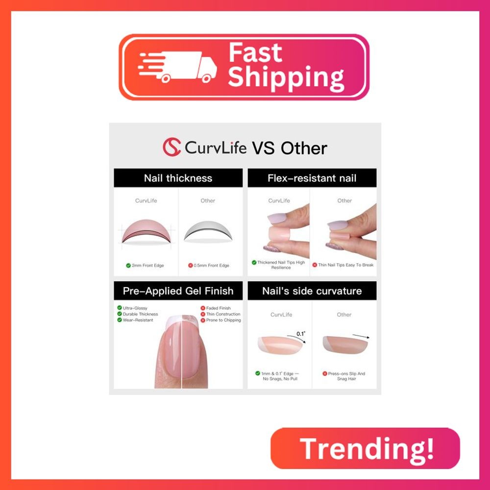 Curvlife Tip Press on Nails Acrylic Fake Nails with Design Full Cover False Nail