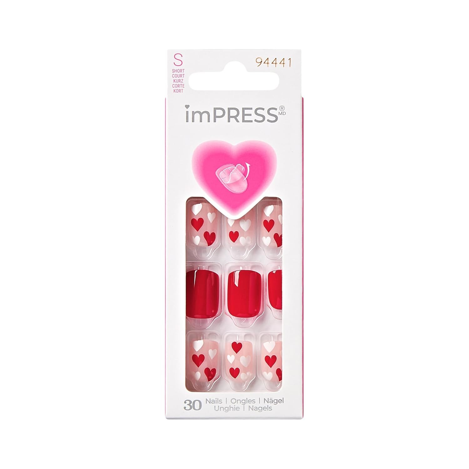 Valentine’s Day Press On Nails, ‘Full Heart’, Red, Short Squoval, No Glue Needed
