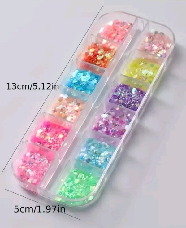 FULL BEAUTY 12 Grids Hexagonal Nail Glitter Flakes, Hypoallergenic Sparkly