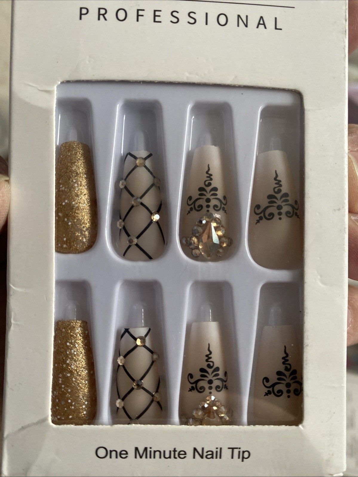 Romantic Fancy Embellished Long Coffin Press On Nails 24pcs Boxed Glue & Tabs