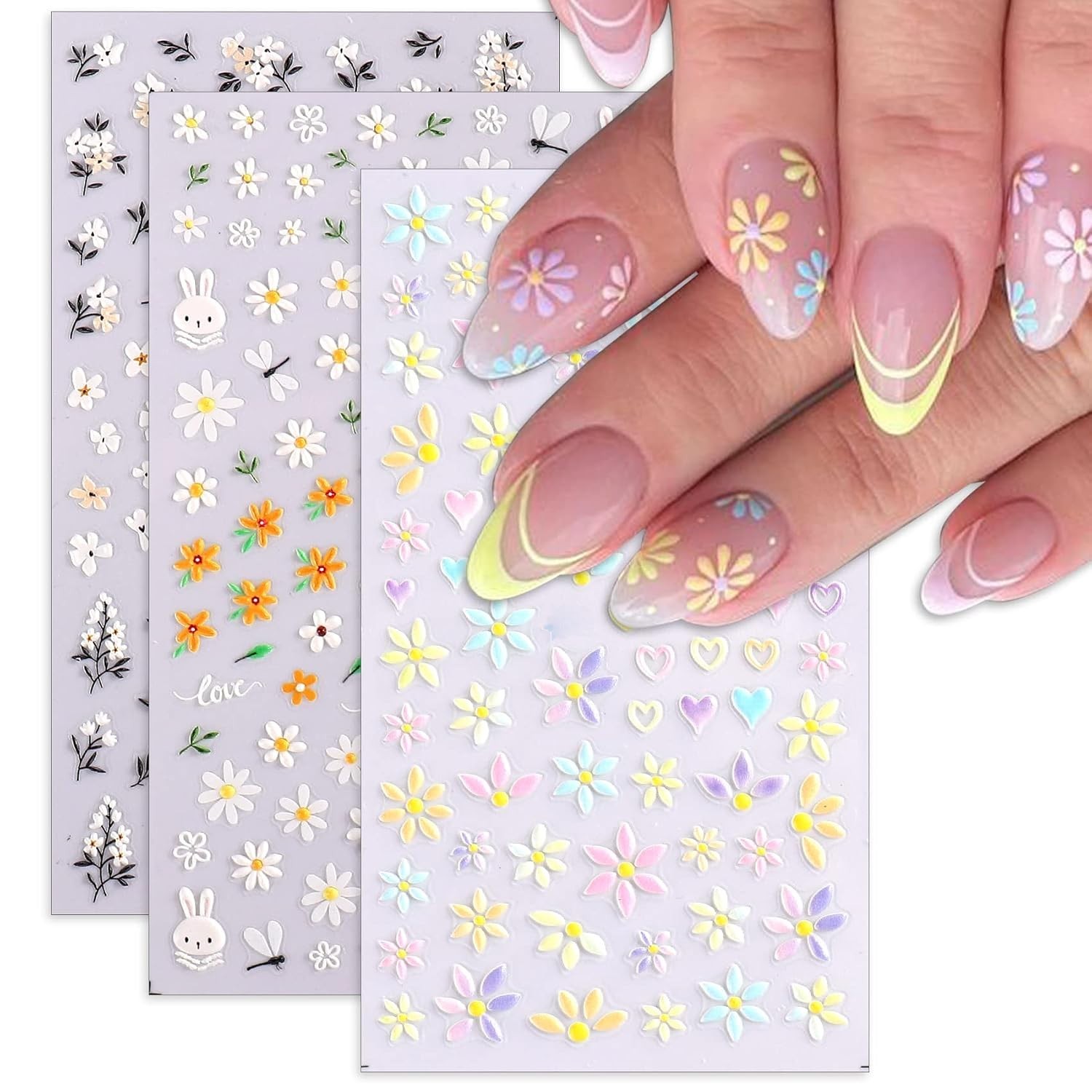 Vibrant 5D Flower Nail Decals for Creative DIY Art – Three Self-Adhesive Sheets