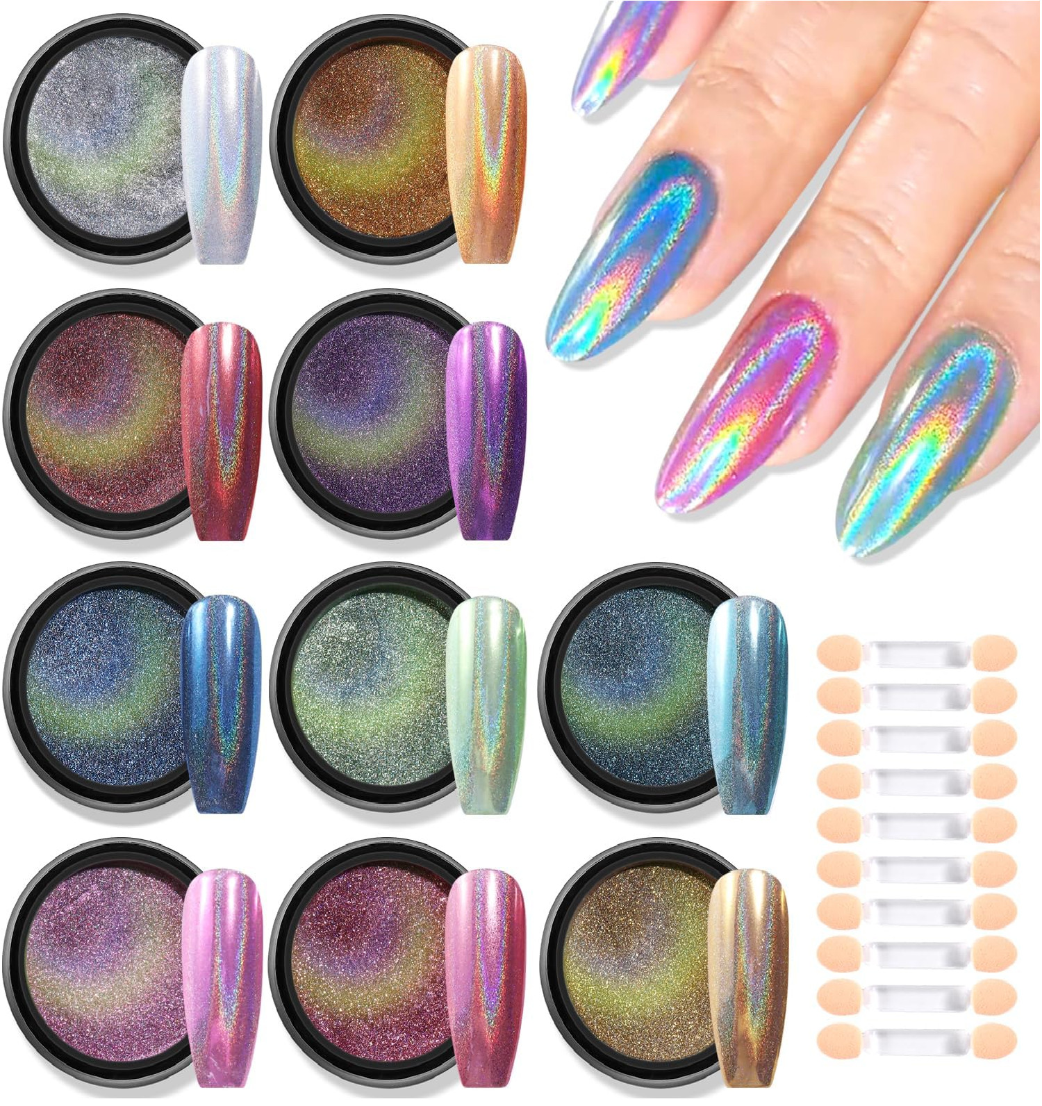 Holographic Chrome Nail Powder, 10 Colors Metallic Mirror Effect Nail Glitter Po