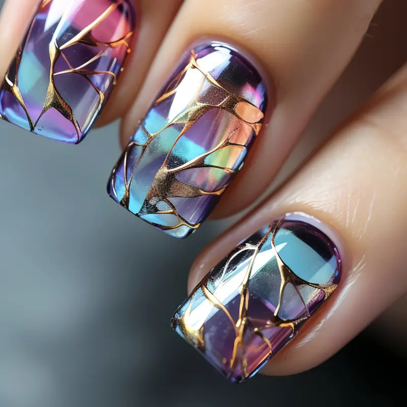 Autumn and Winter Medium-Long False Nail Stickers Sky Blue Glaze Color Shattered