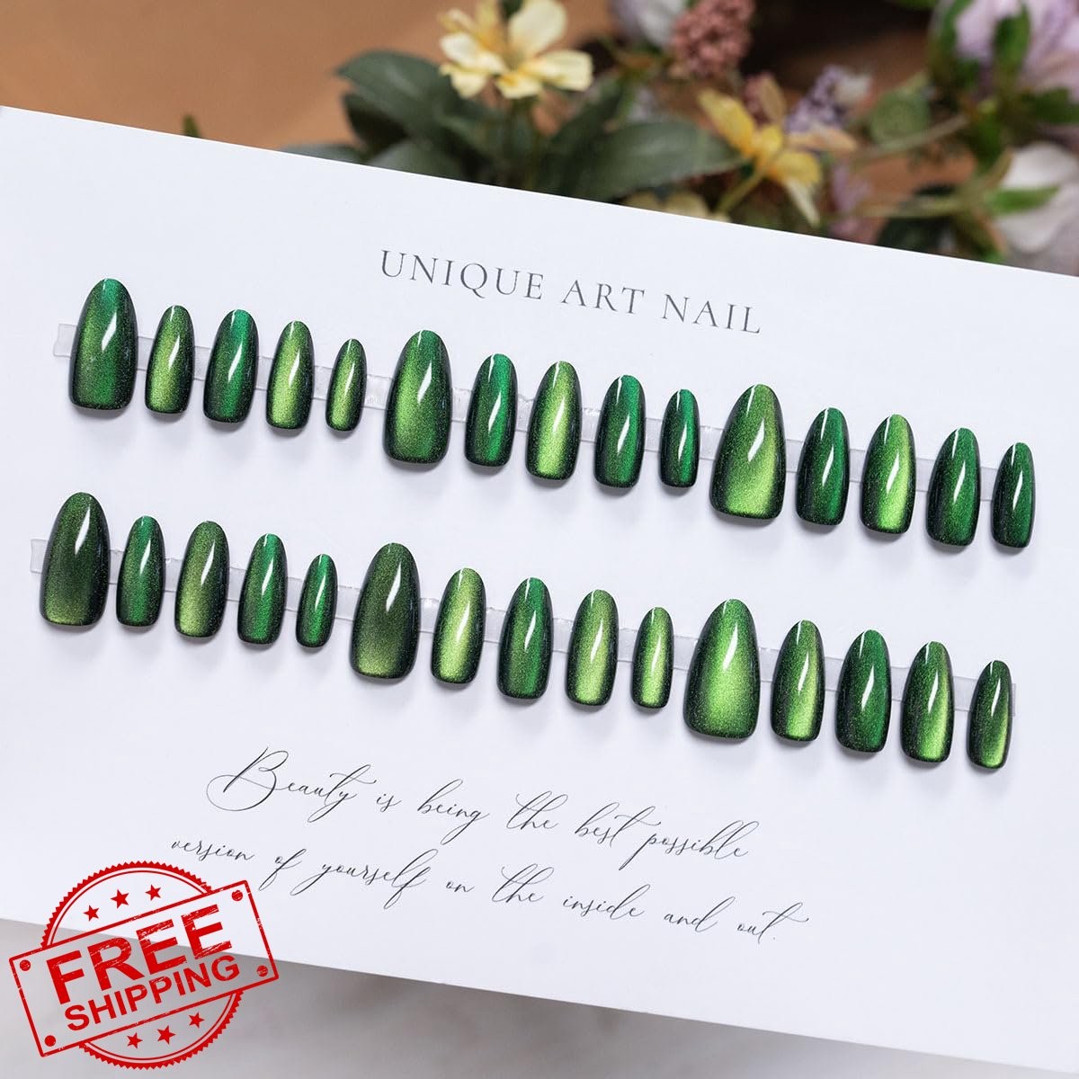 OSTTMA Green Press-On Nails Medium Almond Green Gem