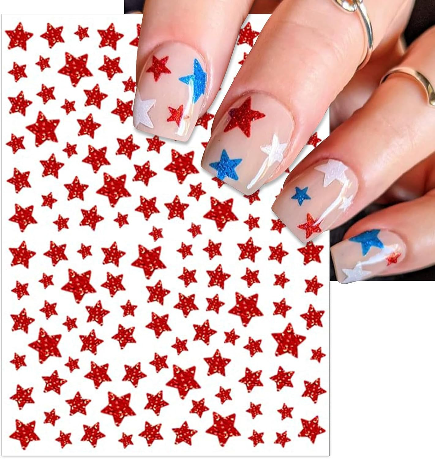 IDDFEVE 4Th of July Nail Stickers, Glitter Red Blue White Star for Independence