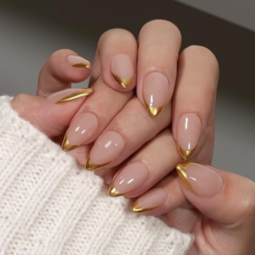 Chrome Gold French Tip Press On Nails Short Almond, 24 Pcs Acrylic Press gold