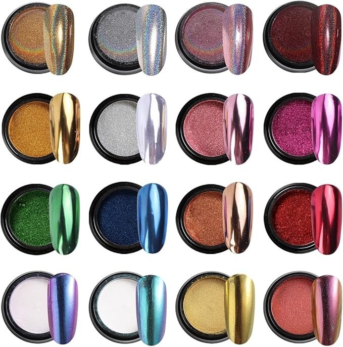 Set de Polvo Cromado para Uñas 16 Colores Efecto Metalizado y Holográfico