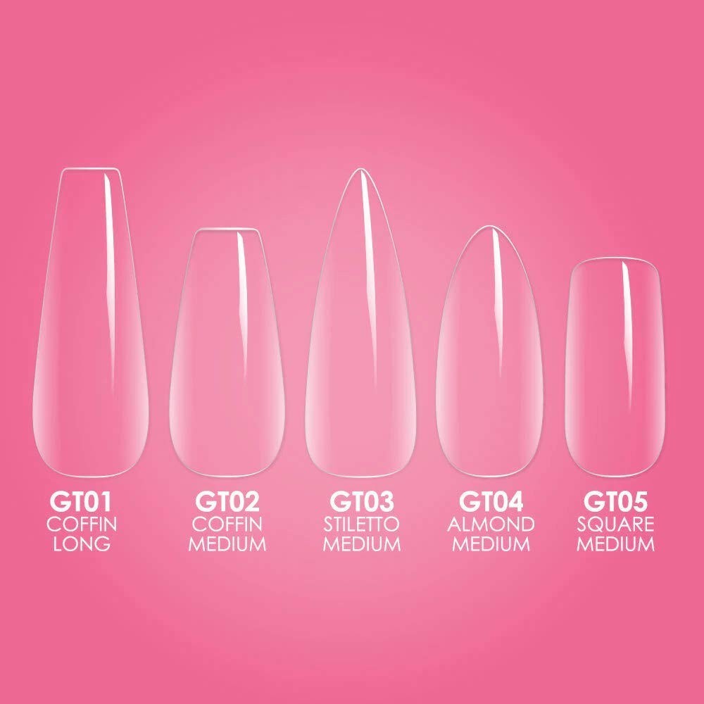 Gelly Tips: 500 Soft Gel Nail Extensions – 10 Sizes in Sculpted Coffin Long, Sky