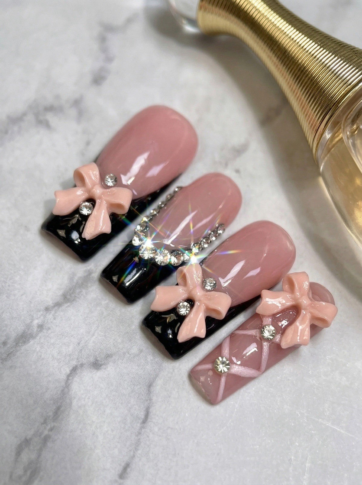 G02 Blush Bow Glam Pink Black French Press On Nails, 3D Bow Rhinestone， Handmade