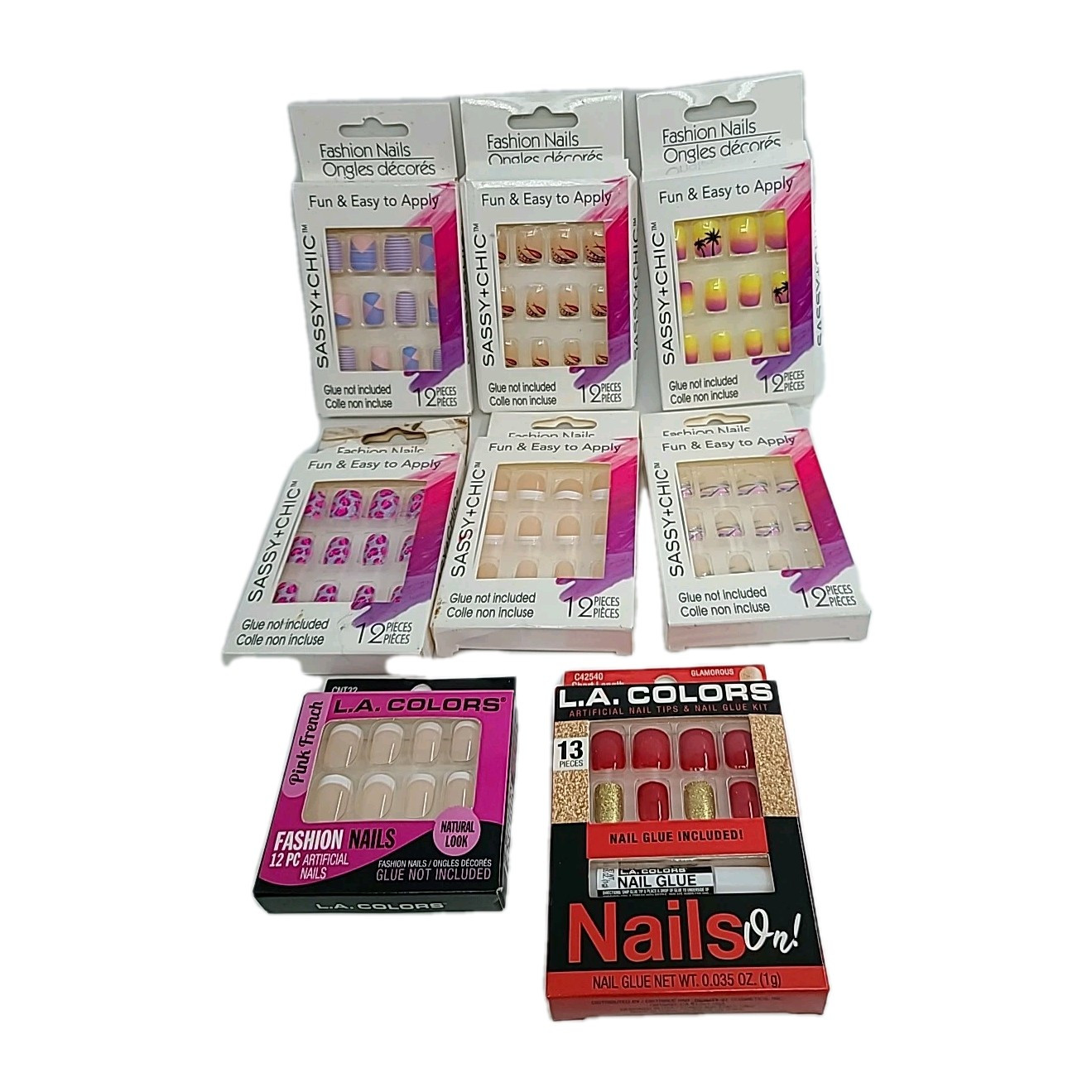 Lot of 8 Artificial Nails Fashion and LA Colors Sets. ABS Plastic Manicure