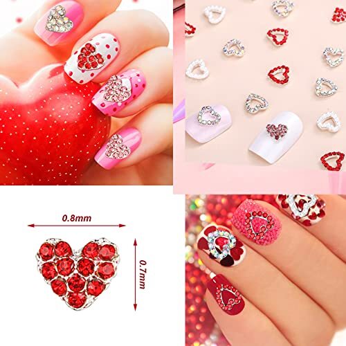 60 Pieces Valentines Day 3D Heart Nail Charms Heart Nail Rhinestone Novel Style