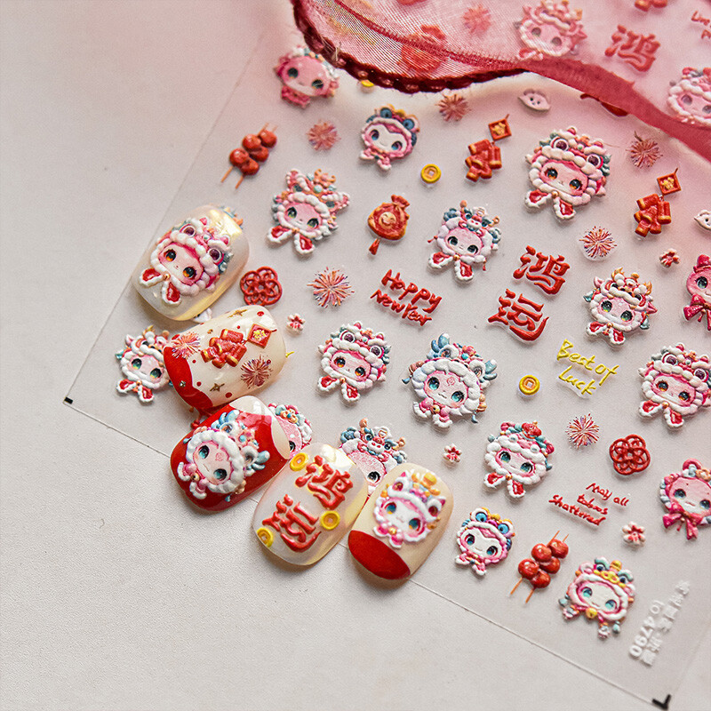 Red Chinese Knot Firecracker 3D Self Adhesive Nail Art Stickers New Year Lovely
