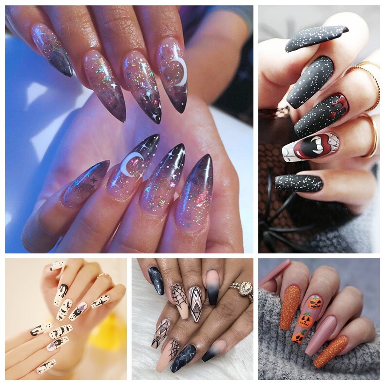 120Pcs Halloween Mix Fake Nails Long Coffin Press On Nails Fake False Nail Set