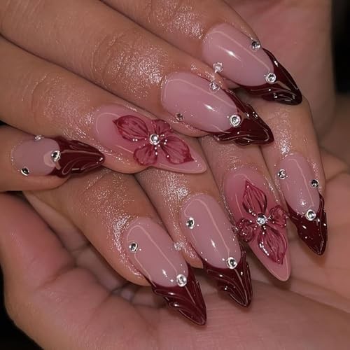 Press on Almond Nails Short Length Glossy Red French and Red Floral Rhinestone