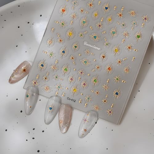 Star Nail Stickers for Nail Art 5D Embossed Gold Nail Decals Colorful Star