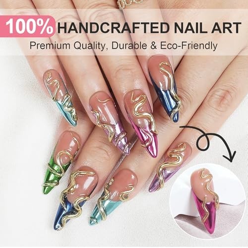 Short Blue French Tip Press-On Nails with 3D Flower Designs – 10pcs Acrylic Set