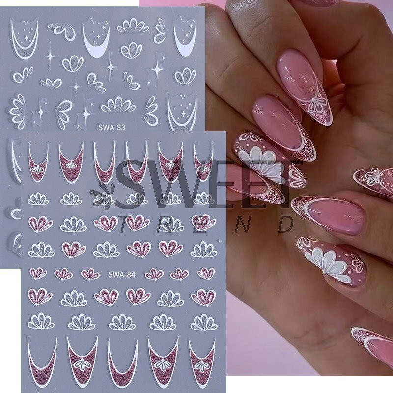 2Pcs White Pink Glitter Flower Floral Star French Nail Art Stickers Decals NH28